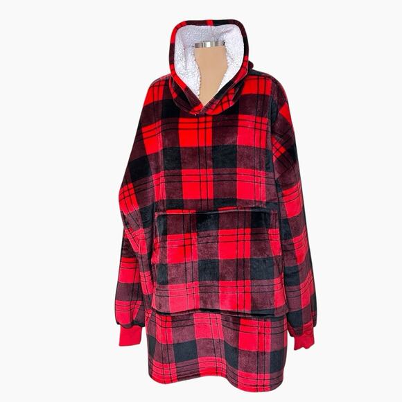 Blanket Hoodie Red Plaid Fleece Oversized Pullover Sweatshirt Sleeves Comfy Soft - Picture 1 of 9